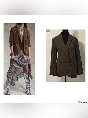 Free People Rowan Olive Brown Relaxed Double-Breasted Blazer Boho Oversized